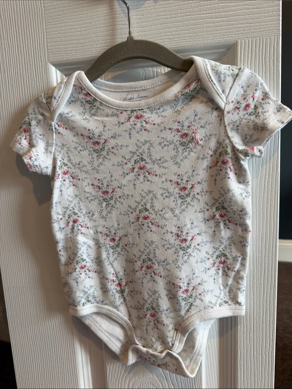 Ralph Lauren baby girl 3m White Floral Baby Bodysuit with Pink and Green Motif